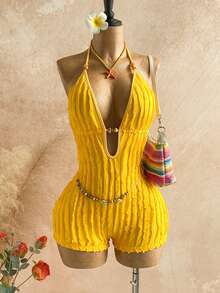 Soleia Bộ jumpsuit nữ màu trơn gợi cảm kiểu dáng nghỉ dưỡng cổ yếm - Màu vàng ngỗng - Xem 5