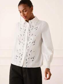 Lilora Stylish White Women Blouse With Unique Embroidered And Eyelet Design Long Sleeve Button Down Shirt For Office And Everyday Wear, Women's Shirts For Summer, Women Casual Outfits - White - View 5