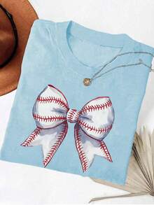 INAWLY 棒球妈妈T恤，色彩缤纷舒适的棒球蝴蝶结上衣，棒球比赛日T恤，棒球赛季T恤，棒球迷T恤，运动妈妈圆领女式印花T恤 - 淺藍色 - 查看 3