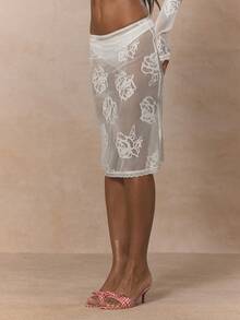 MUSERA Chân váy midi dáng suông, cạp chun, họa tiết hoa, chất liệu voan mỏng, chỉ bán riêng phần chân váy, dễ thương cho mùa xuân, lễ hội, nữ tính, ngọt ngào, mùa hè. - trắng - Xem 3