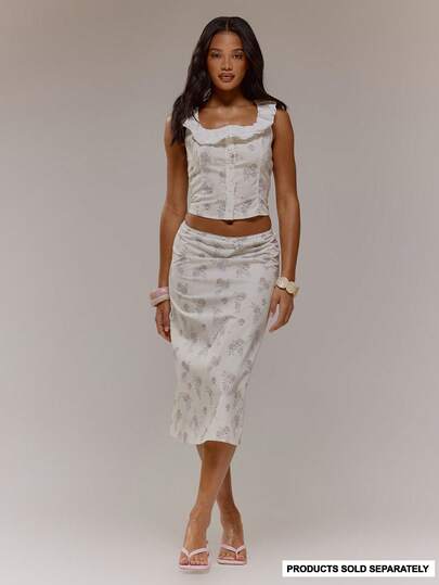 MUSERA Jupe mi-longue coordonnée à taille basse avec détail de nœud à bordure picot, imprimé floral élastique. printanière, occasion de Pâques, style féminin et sexy pour sortie. Doux épanouissement