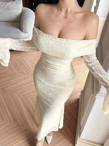 DAZY Women's Off Shoulder Elegant Waist Cinching Party Midi Dress - Apricot - View 2