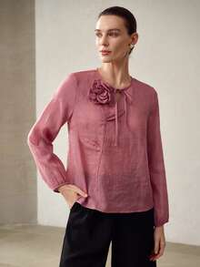 MOTF PREMIUM Áo sơ mi nữ dáng rộng bằng vải chiffon với họa tiết hoa 3D, thanh lịch và thoải mái, thích hợp cho mùa hè. - Màu tím - Xem 4