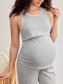 Maternity Round Neck Casual Nursing Friendly Top, Versatile For Daily Wear - Light Grey - View 5