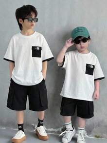 SHEIN 2pcs Tween Boy Black And White Contrast Color Block Pocket Round Neck Short Sleeve T-Shirt And Cargo Shorts Set,Back-To-School Summer Casual School - Black - View 6