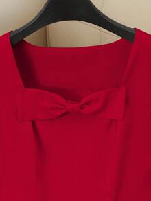 SHEIN Franclia 女士纯色蝴蝶结装饰优雅约会派对迷你连衣裙 - 紅色 - 查看 4