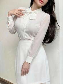 DAZY Women's Elegant Commuter Solid Color Tie Collar Blouse And Skirt 2 Pieces Set - White - View 6