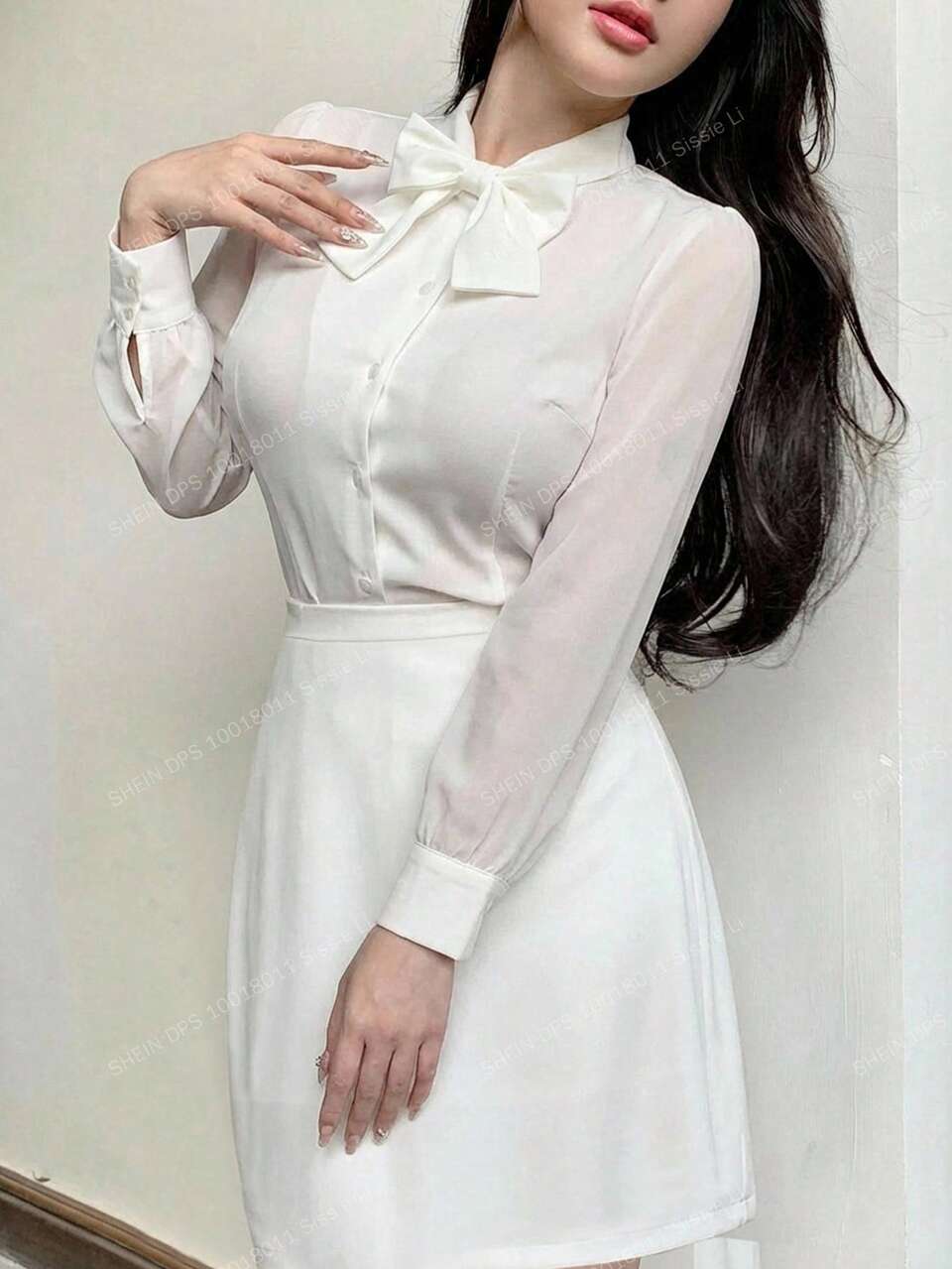 Women's Elegant Commuter Solid Color Tie Neck Blouse And Skirt 2 Pieces Set