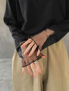 FRIFUL 纯色拼接薄纱波点网眼宽松休闲百搭T恤 - 黑色 - 查看 6