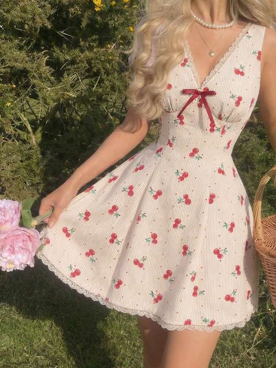 SHEIN MOD 樱桃印花V领吊带连衣裙，蕾丝边饰，蝴蝶结点缀——适合约会、派对、女士春夏装、春假、度假、野餐、节日、生日等场合。 - 卡其色 - 查看 1