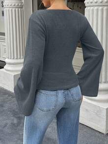 Elenzga 标准尺码女士宽领落肩喇叭袖腰部褶皱印花针织上衣，秋冬款 - 霧霾藍 - 查看 2