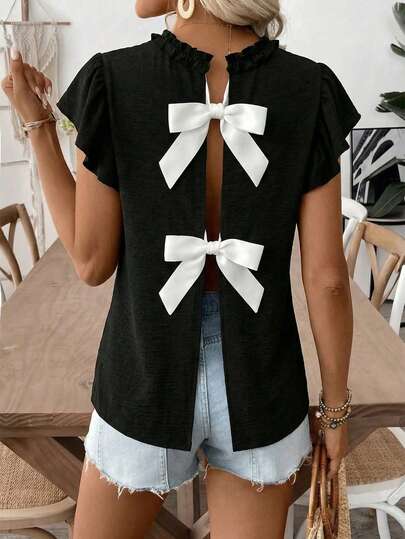 Breezaya Women's Summer Sweet & Cool Black & White Bow Backless Short Sleeve Frill Puff Sleeve Top, Suitable For Halloween Party, Christmas Gathering With Friends, Or Casual Wear
