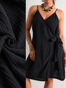 SHEIN VCAY Große Größen Lässig einfarbiges Zugband Wickel-Trägerkleid, Strandkleid, Urlaubsoutfit, Boho-Stil - Schwarz - Übersicht 7