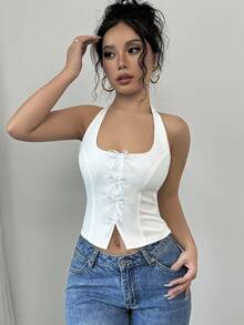 Firerie Áo sơ mi trắng cổ bẻ thời trang thanh lịch cho nữ, phong cách đại học, dễ thương, mùa hè, áo không tay - trắng - Xem 4