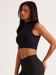 Easithlete Zip Up Crop Sports Tank Top Fitted Shirtworkout Tank Top - Black - View 4