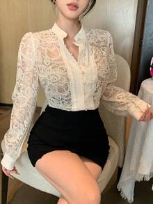 DAZY 刺绣精致镂空简约百搭女式衬衫 - 米色 - 查看 6