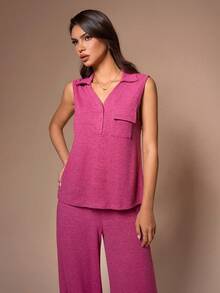 SHEIN Women's Casual Sleeveless Lapel Partial Button Pocket Top And Pants Pajama Set - Hot Pink - View 5