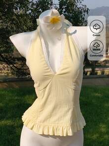 Comfortcana 女士纯棉黄色舒适项链系带撞色蕾丝荷叶边收腰荷叶边下摆上衣，2000 Y2K 优雅欧美风，韩版风格 2026 新款春夏时尚女装，适合海滩度假休闲穿着，浅黄色上衣，奶油黄上衣，黄色娃娃衫上衣，夏季上衣，黄色比基尼吊带上衣，黄色夏季上衣，女士夏季上衣 - 黃色 - 查看 3