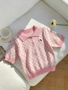 Comfortcana 女士休闲粉色格子刺绣图案针织Polo领短袖毛衣上衣，适合夏季、度假和足球比赛日穿着。 - 彩色 - 查看 7