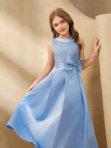 Tween Girl Elegant Blue Lace Bow Sleeveless Long Fitted Dress, Suitable For Evening Party, Christmas, Halloween, Wedding, Prom, Graduation, Back To School And Other Occasions - Blue - View 4