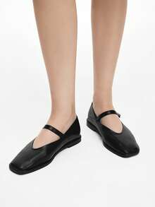 Mnmlis 女士经典舒适通勤款黑色方头玛丽珍平底鞋 - 黑色 - 查看 11