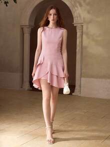 MOTF PREMIUM ASYMMETRICAL HEM MINIMALIST ROUND NECK SHORT DRESS - Pink - View 6