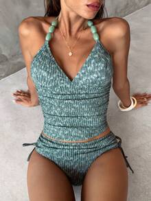 SHEIN Luminelle 2026 New Women's Summer Beach Vacation Special Textured Wavy Fabric Beaded Spaghetti Strap Spaghetti Strap Tie Side Backless Sexy Camisole Bikini Two Pieces Swimwear - Blue - View 8