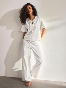 Ocili 女士荷叶边短袖上衣和裤子睡衣套装 - 白色 - 查看 3