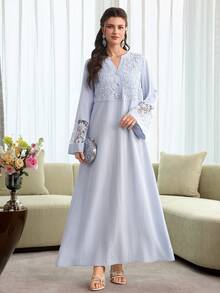 Al Najma Spring/Summer Fashion V-Neck Flare Sleeve Patchwork 3D Embroidery Ruffle Hem Robe Islamic Dresses Abaya For Women Modest Dress Dress With Lace Sleeves - Baby Blue - View 7