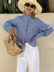 DAZY Women's Ruffle Collar Striped Raglan Sleeve Single-Breasted Shirt - Blue - View 1