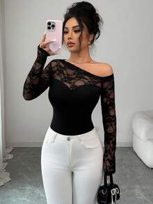 Rafferiza 蕾丝性感不对称露肩长袖，优雅高端黑色连体衣，女士休闲连体衣，女士度假装，女士优雅沙滩泳衣，嘉年华装，女士黑色连体衣 - 黑色 - 查看 6