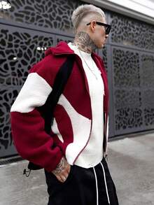 Artur Kramer 男士撞色拼接拉链连帽长袖夹克，秋冬季Y2K拉链街头风夹克 - 紅色 - 查看 3