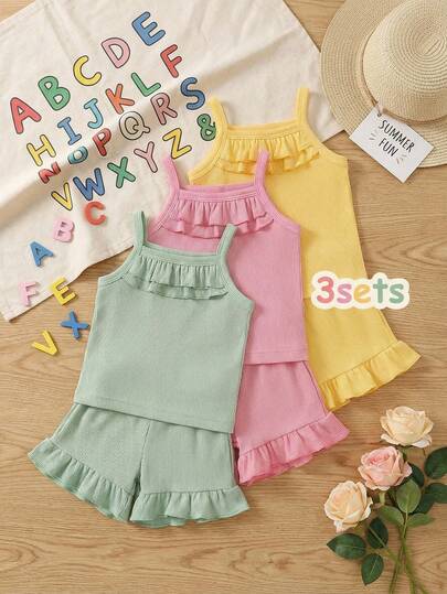 SHEIN 3 Pack Toddler Girl Tween Kids Sweet SS Style Solid Ribbed Ruffle Trim Sleeveless Camisole Cami Tank Tops And Shorts Trousers Bottoms 2 Piece Set Outfits Soft Squishy Summer Clothes For Vacation Beach Party Season