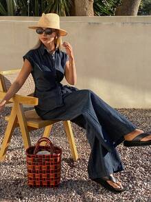 DAZY Women's Denim Shirt With Collar, Sleeveless, Side Tie-Up And Loose Fit Denim Pants, Casual Denim Set - Dark Wash - View 6