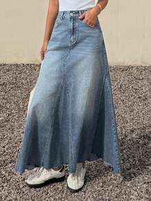 DAZY Falda vaquera elegante con dobladillo de cola de sirena y deshilachado, cintura regular, estilo Y2K para mujer - Azul lavado medio - Ver 7