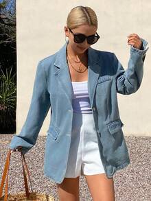 DAZY Chaqueta vaquera de mujer con solapa, chaqueta vaquera lavada de ajuste holgado informal - Azul lavado medio - Ver 3