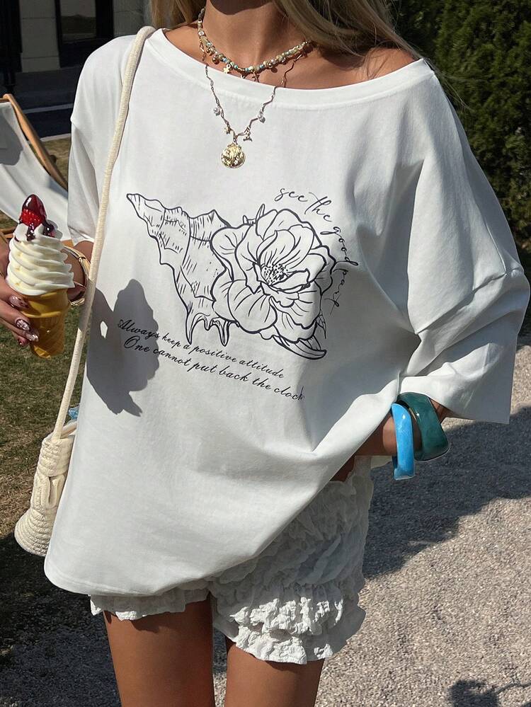 Women's Asymmetric Shoulder Short Sleeve Loose Printed Casual T-Shirt, Vacation & Street Style