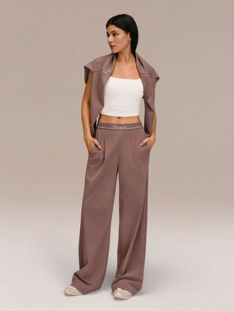 Chill Mode Quick-Dry Jacquard Elastic Waist Wide Leg Pants With Side Pockets Daily Casual Wear