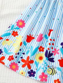 SHEIN Young Girl Woven Striped & Ditsy Floral Square Collar Ruffle Hem Casual Dress - Blue and White - View 6