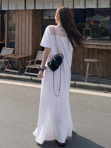 DAZY Đầm dài nữ màu trơn phối ren, kiểu dáng thường ngày, thích hợp cho mùa hè. - trắng - Xem 4