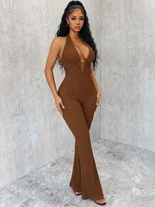 Eryvara Women's Round Ring Connected Halter Jumpsuit, Knitted Crinkle Fabric - Coffee Brown - View 6