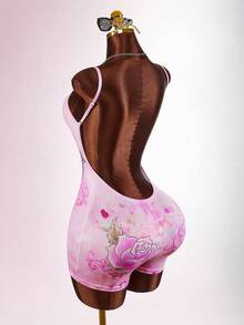 Amplova Women's Cross Rhinestone & Floral Print Camisole Backless Bodycon Romper - Pink - View 1