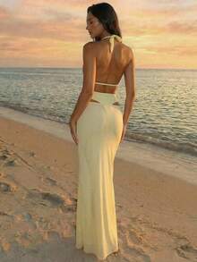 Aloruh 女士新款纯色浅黄色/米色连体泳衣，配低腰超长罩裙，串珠波西米亚风沙滩度假装 - 淡黃色 - 查看 2