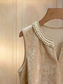 Franclia Women's Elegant Apricot Summer Velvet Glossy Beaded Round Neck Sleeveless Top,Sweet Tea Party Top,Luxury Casual Commuter Office Wear,Fashion - Khaki - View 6