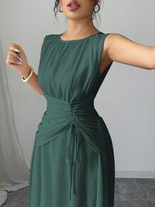 Elenzga Vestido Longo Vintage Elegante de Chiffon Romântico Casual Feminino, Adequado para Praia, Chá da Tarde, Festa, Trabalho, Sem Mangas, Gola Redonda, Cintura com Cordão, Costas Plissadas, Forro, Primavera/Verão - Verde Escuro - Visão 6