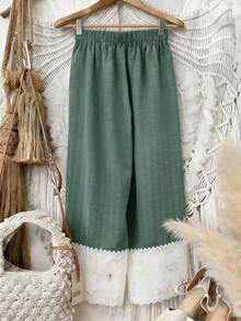 Franclia Women's Summer Vacation Lace Patchwork Wide Leg Pants - Green - View 4