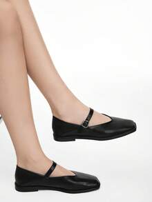 Mnmlis 女士经典舒适通勤款黑色方头玛丽珍平底鞋 - 黑色 - 查看 10