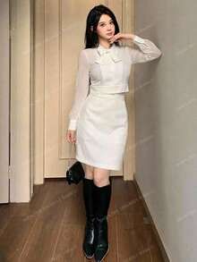 DAZY Women's Elegant Commuter Solid Color Tie Collar Blouse And Skirt 2 Pieces Set - White - View 5