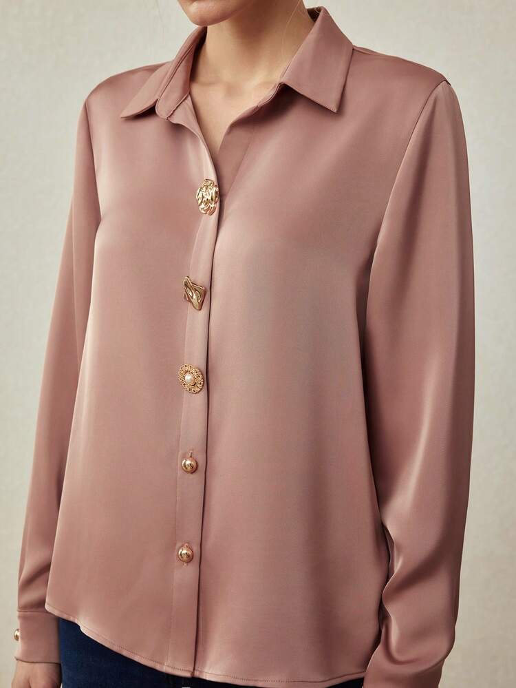 ELEGANT SATIN DECORATIVE BUTTONS SHIRT, SPRING/SUMMER