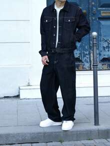 GALLERY FADE 男士深蓝色牛仔两件套，休闲夹克和宽松长裤，春秋季 - 深色水洗藍 - 查看 1